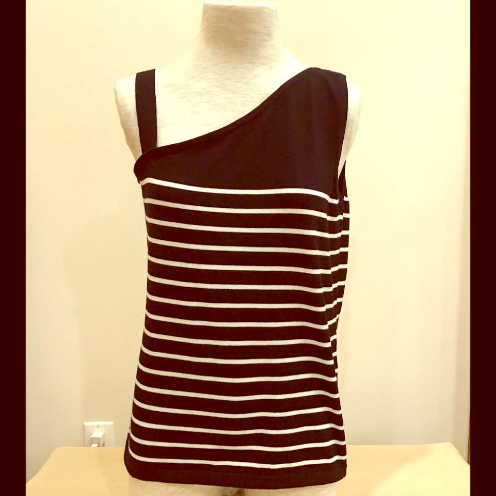 August Silk asymmetrical black and white striped top. Size M. NWT